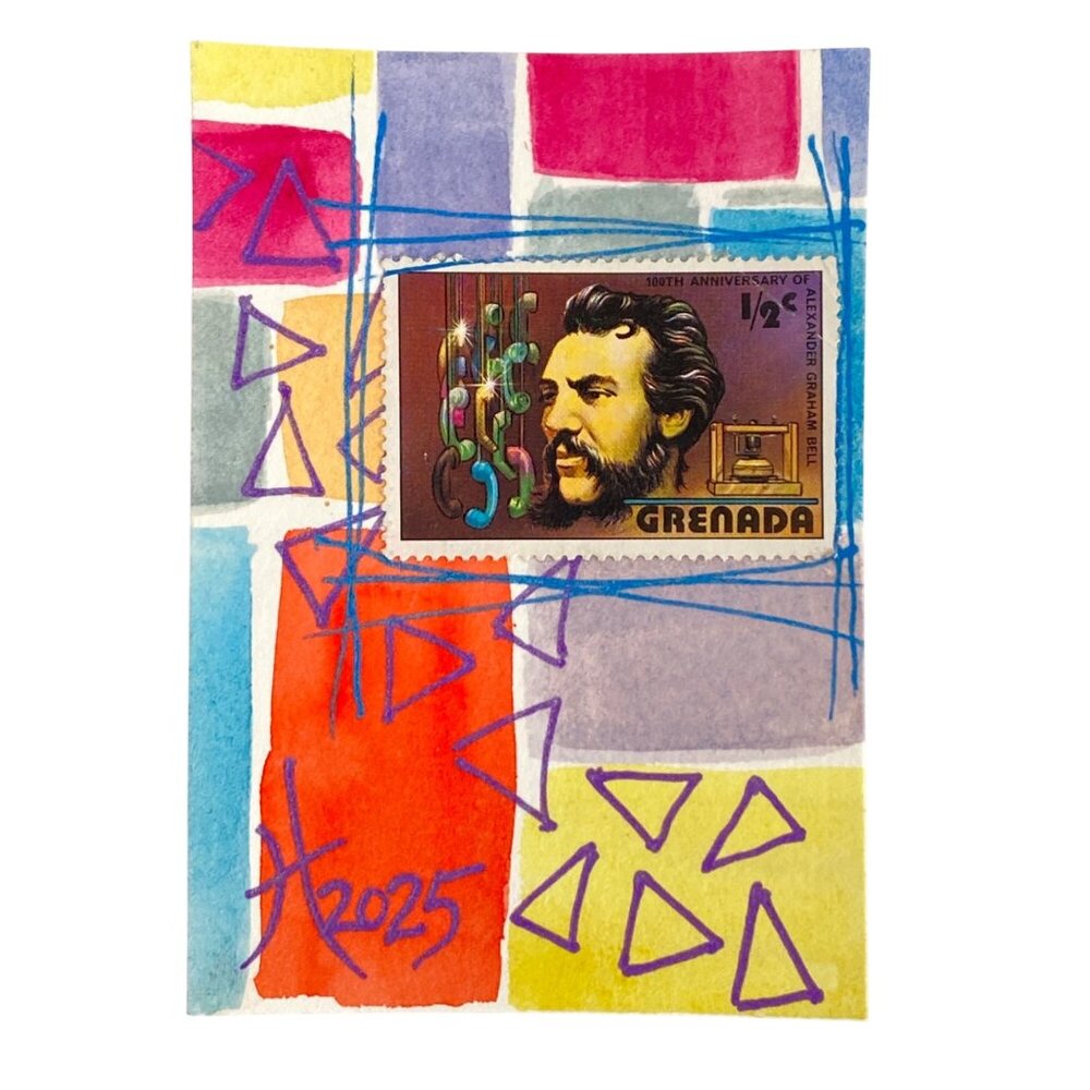 ACEO Original Art Watercolor 1976 Grenada Alexander GrahamBell Postage Stamp ATC